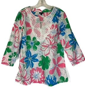 Talbots Womens Bright Floral 3/4 Sleeve Popover Embroidered V-Neck Top Medium - Picture 1 of 10