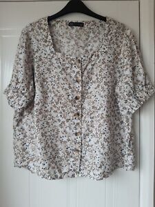 M&S Short Sleeve Square Neck White & Khaki Floral Linen Blouse Size 14