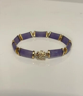 14k Gold Lavender Jade Bracelet 7.25" Vintage Heng Ngai - Image 1 of 3