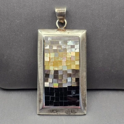 ATI Sterling Silver Mosaic Pendant MOP & Onyx Gradient 1 5/8" 925 Thai 12.07g - Image 1 of 4
