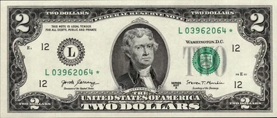 (STAR NOTE) 2017A $2 Uncirculated Federal Reserve - 1.28M Run - Rare! - Image 1 of 2