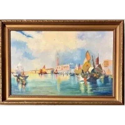 Винтажный масло на холсте, венецианский канал городской пейзаж, подпись "E.L.W." - Изображение 1 из 4