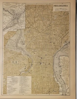 Antique detailed color litho map plan Philadelphia PA Johnson's Cyclopaedia 1897 - Image 1 of 4