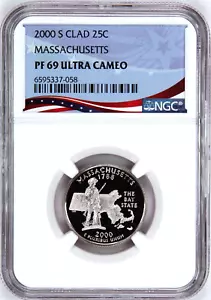 2000-S Proof State Quarter, Massachusetts,  PF69 Ultra Cameo, Patriotic Label - Picture 1 of 4