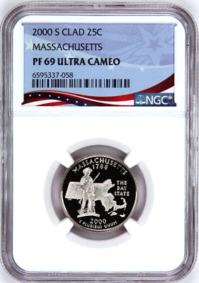 2000-S Proof State Quarter, Massachusetts,  PF69 Ultra Cameo, Patriotic Label - Image 1 of 4