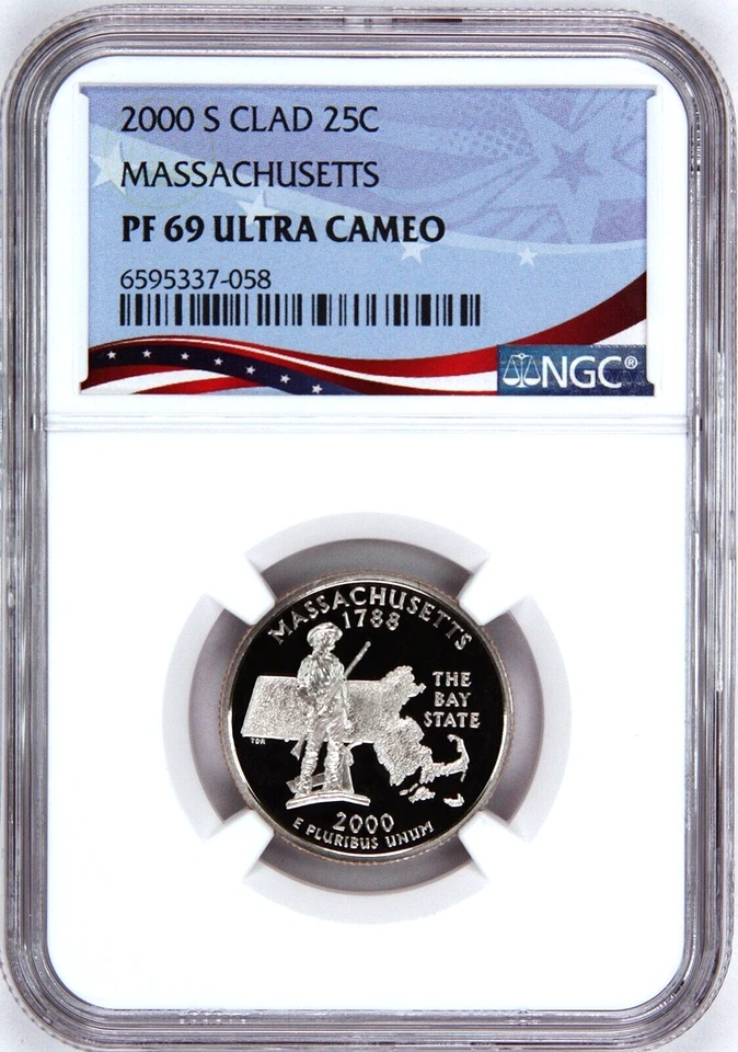 2000-S Proof State Quarter, Massachusetts,  PF69 Ultra Cameo, Patriotic Label - Image 1 of 4