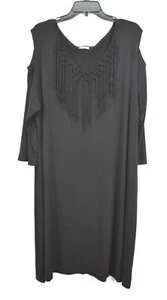 Avenue Womens Black Fringe V-Neck Cold Shoulder Long Sleeve Sheath Dress 26/28 - Picture 1 of 10