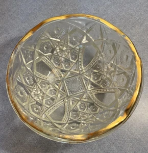 McKee Glass Toltec Prescut 3.5" Tall Bowl Hobstar & Arches Gold Trim 8.25" - Picture 1 of 6