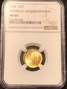 1926 2 1/2 Dollar Gold American Sesquicentennial Graded NGC MS64 - Picture 1 of 4