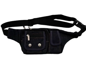 Vintage Bum Bag Dark Blue Denim Adjustable Clip Waistband Zip & Fastened Pockets - Picture 1 of 5