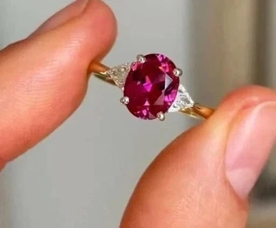 Anillo de diamantes y zafiros rosados de corte ovalado de 3,75 quilates de oro amarillo sólido real de 14 k Foto 1 de 4