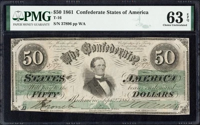 Billete de 50 dólares de los Estados Confederados de América 1861 T-16 PMG CU 63 EPQ Foto 1 de 2