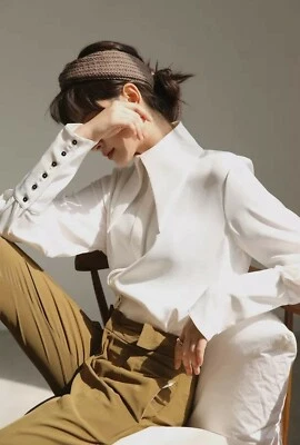 Ladies Ivory White Large Victorian point Collar Black Button Blouse Shirt 14 16 - Image 1 of 4