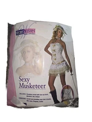 New Secret Wishes White Sexy Musketeer Costume Adult Sz S Corset Skirt Hat Chokr - Image 1 of 2