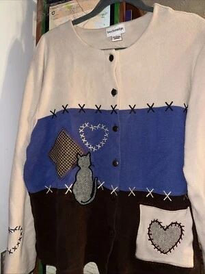 VTG BRECKENRIDGE Gray Cat Hearts EMBROIDERED Squares Cardigan Granny Sweater  L - Image 1 of 4