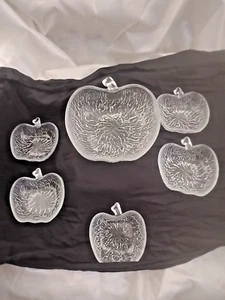 Italy Crackel Clear Glass Apple Shaped Individual 5 Dessert Bowls Plus Main Bowl - Picture 1 of 12