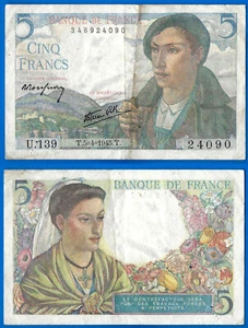 France 5 Francs 1945 5 April Serie U Berger WWII Frcs Frcs Free Ship World - Picture 1 of 3