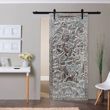 Vintage Krishna Barn Door, Hand-Carved Sliding Door, Indian Wall Sculpture