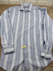 Banana Republic Linen Shirt Mens 16-16 1/2 Long Sleeve Striped Blue Preppy Large - Picture 1 of 4