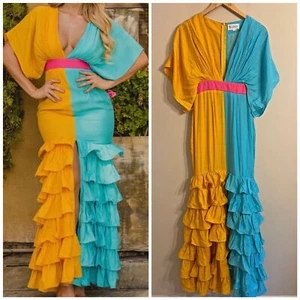 NEW L’ATISTE tri color ruffle mermaid kimono sleeve maxi gown - Picture 1 of 10