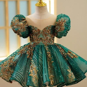 Summer Girl Party Dresses Short Puff Sleeves Sequined Patchwork Princess Dress - Picture 1 of 10