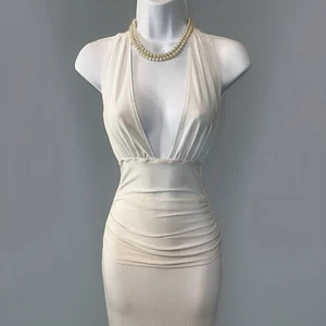 Vintage BEBE Rare2Find Y2K White Plunging Halter Soft Jersey Top Side Rushing S - Picture 1 of 13