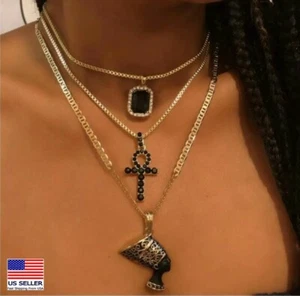 Women Jewelry Necklace Layered Crystal Ethnic Portrait Cross Bohemian Style 1417 - Picture 1 of 5