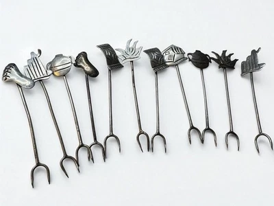 Vintage Sterling Silver 925 Cocktail Appetizer Fork Set of 11 Novelty Handles - Image 1 of 4