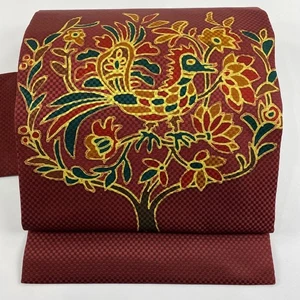 Nagoya obi Silk Bird and Flower Design Enji Color - Picture 1 of 5