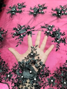 BLACK Beaded 3d Floral Embroidery Bridal Lace Fabric Sold By Yard For Dress Prom - Picture 1 of 12