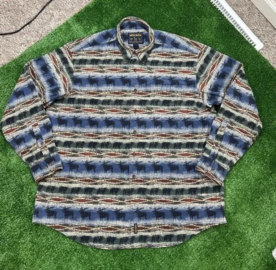 Woolrich Shirt Mens 2XL Blue Green Southwestern Moose Aztec Flannel Button Down - Image 1 of 4