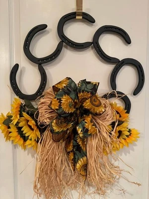 Custom Made Steel Horseshoe Wreath with Sunflowers Farmhouse Barn Decor - Image 1 of 3