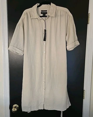 ​NEW TAHARI 100% Linen Shirt Dress Women's S Small Natural Belted Button Down - Image 1 of 4