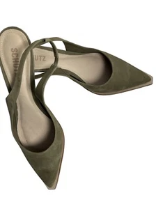Schutz Olive Green Suede Pointed Toe Slingback Kitten Heels Size 8 - Picture 1 of 10