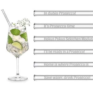 HALM Prosecco Sprüche gravierte Glasstrohhalme mit 6 lustigen Sekt Trinksprüch - Picture 1 of 11