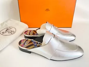 HERMES H CATA SILBER LEDER PLETTER FLIP FLOPS SCHUHE FLACHE RUTSCHEN 36,5 - Bild 1 von 12