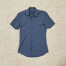H&M Button Up Slim Fit Easy Iron Short Sleeve Shirt Blue Black Check Men's XS