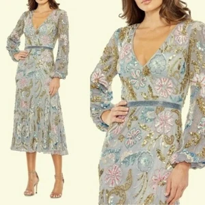 Mac Duggal Platinum Floral Sequin Long Sleeve A-Line Cocktail Dress Size 10 $598 - Picture 1 of 4