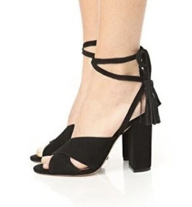 Tacones Schutz Mujer 8.5 Zapatos Revolve Negro Gamuza Borla Bloque Punta Abierta Tirantes - Imagen 1 de 24