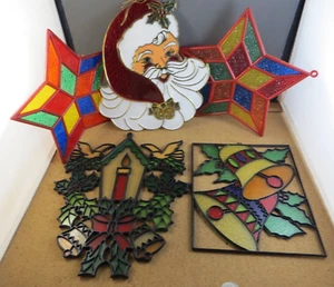 5 Vintage Christmas Decorations Santa Star Bells Candles Plastic Suncatcher - Picture 1 of 10