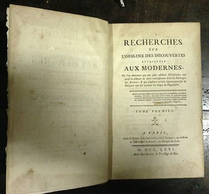 Recherche sur l'origine des découvertes atribuidas aux modernes. Duchesne, 1766 - Picture 1 of 2