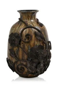 Roger Guerin Pre-WWII 1930’s Art Deco Drip Glaze 9.5” Pottery Vase w/Metal Mount - Bild 1 von 9