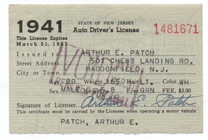 Licencia de conducir del estado de Nueva Jersey 1941 - Imagen 1 de 2