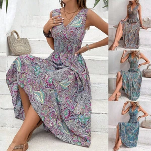 V-Ausschnitt Kleid Maxi T-Shirt Sommerkleid Damen Boho Blumen Ärmellos | - Picture 1 of 21