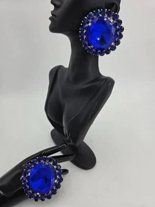 Drag Queen Jewelry, Costume, Rhinestone, Sapphire Earrings With A Ring - Picture 1 of 1