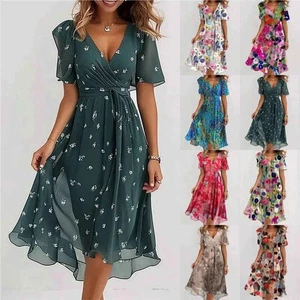 V-Neck Wrap Floral Print Summer Boho Women's Holiday Long Dress PLUS SIZE Ladies - Picture 1 of 3