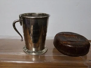Antique POCKET SIZE Collapsible FOLDING Metal Travel CUP With Leather Case - Picture 1 of 21