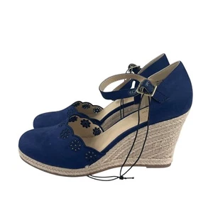 Blue Wedge Espadrilles 10 Strappy Comfort Memory Foam Cottagecore Closed Toe - Picture 1 of 6