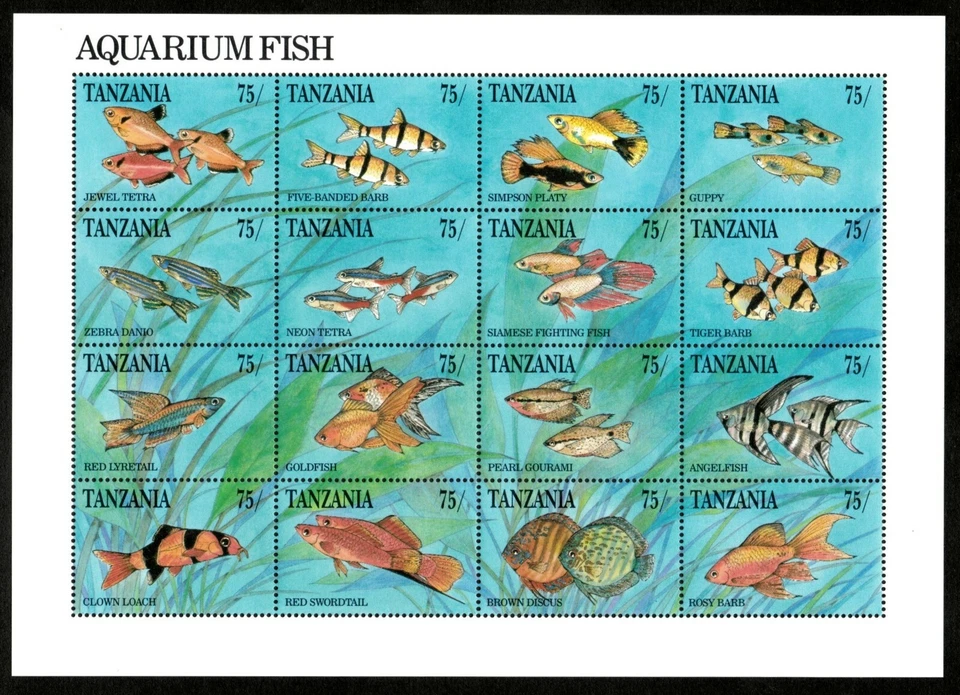 Tanzania 1991 - Peces de acuario - Hoja de 16 sellos - Scott #770 - MNH Foto 1 de 1