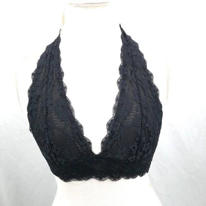 INTIMATELY FREE PEOPLE Floral Lace Halter Bralette bra Black deep v-neck S - Picture 1 of 12